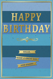 The photograph captures a serene and stylish birthday card whose blue and gold design would feel perfectly at home on a mantelpiece in an Islington townhouse. The front of the card is composed of broad, even horizontal stripes, with each band stepping gently through a spectrum of blues-from deep, almost inky navy and dark denim at the extremities, moving inward through rich teal and ocean blues, and settling into paler sky tones near the central focal area. This gradient of blues creates a soothing, layered effect that feels both contemporary and restful. Centred on this backdrop, the message HAPPY BIRTHDAY is embossed in gold foil, the letters tall, crisp and slightly raised, catching the light with a soft metallic sheen that suggests celebration without excess. Just under the main greeting, a delicate gold flourish stretches gracefully across the card, acting as a decorative bridge between the bold headline and the gentler sentiment below. Further down, three narrow gold banners are stacked one atop another, each ribbon carefully embossed with words that flow together into the phrase Relax, have a great day and enjoy! A slender golden line frames the whole composition, giving the impression of a finely bordered piece of stationery or a framed print. The card's surface appears smooth and matte in the blue areas, contrasting with the reflective, tactile gold. One can easily imagine this card perched beside a fresh floral arrangement on a table near Angel, the blues echoing cool flower tones and the gold catching late-afternoon sunlight as it streams through a North London window.